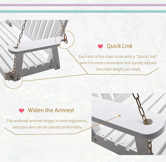 Anraja White Wooden Porch Swing 2-Seater, Bench Swing with Hanging Chains, Heavy Duty 800 LBS - Photo 4