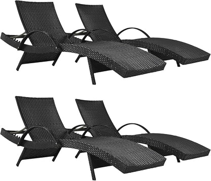 80.3” Outdoor Chaise Lounge, Black Pool Lounge Chairs Set of 4, Wicker Recliner Chair with Pull-Out Side Table, Adjust Back Patio Sunbathing Lounge Chairs for Outside, Garden, Deck, Backyard