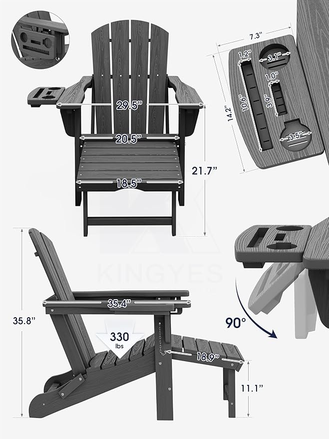 KINGYES Folding Adjustable Adirondack Chair with Ottoman & 2 Cup Holders Set of 2, HDPE Adirondack Recliner Chair with Footrest, Grey