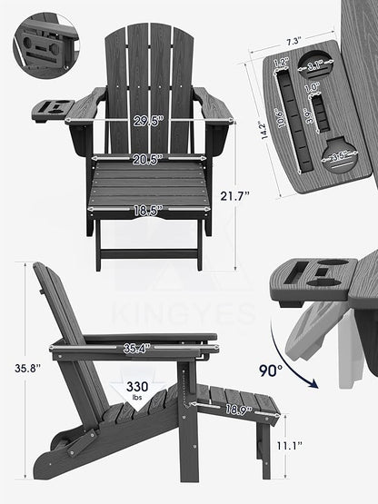 KINGYES Folding Adjustable Adirondack Chair with Ottoman & 2 Cup Holders Set of 2, HDPE Adirondack Recliner Chair with Footrest, Grey