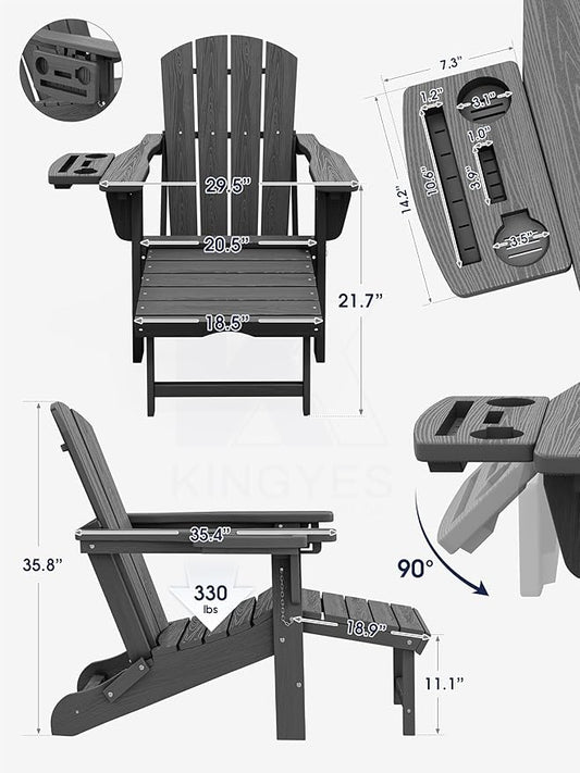KINGYES Folding Adjustable Adirondack Chair with Ottoman & 2 Cup Holders Set of 2, HDPE Adirondack Recliner Chair with Footrest, Grey