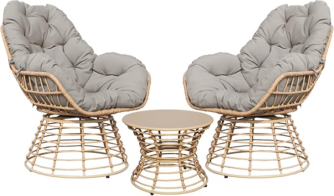 Swivel Chairs for Outside Patio Set of 3, 360° Swivel Pe Wicker Luxury Lounger Chair with 20" Side Table, Soft Cushion and Durable Frame, for Apartment Balcony, Patio, Porch, Yard (Grey)