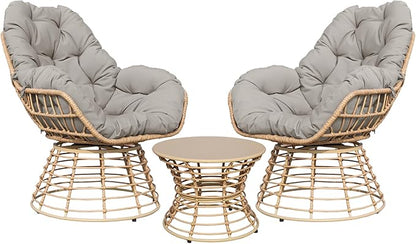 Swivel Chairs for Outside Patio Set of 3, 360° Swivel Pe Wicker Luxury Lounger Chair with 20" Side Table, Soft Cushion and Durable Frame, for Apartment Balcony, Patio, Porch, Yard (Grey)