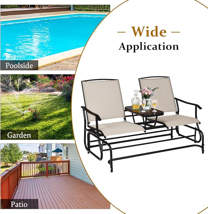 Giantex Patio Bench Glider Chair with Metal Frame, Center Tempered Glass Table - Photo 7