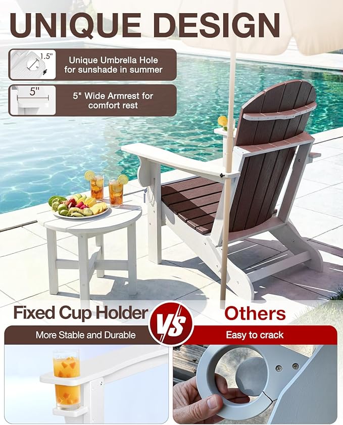 Folding Adirondack Chair –Recyclable HDPE Outdoor Adirondack Patio Chair with Cup Holder, Wood Texture & Umbrella Hole - Photo 6
