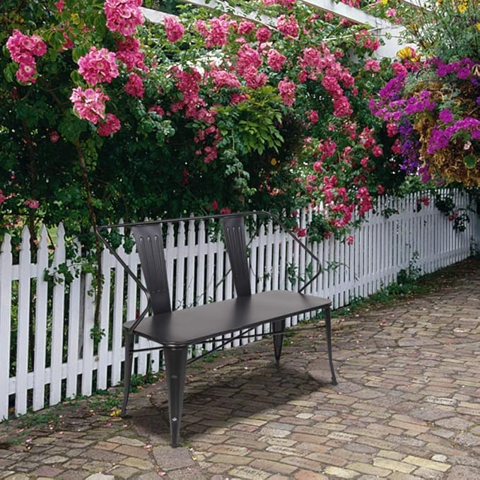 45” Outdoor Metal Bench, Industrial Dining Bench with Removable Backrest, 2-3 Person Weatherproof Vintage Porch Bench for Kitchen Balcony Garden (45" Black Pure Iron)