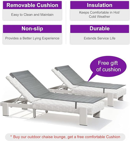 PURPLE LEAF Patio Lounge Chair Modern Luxury Outdoor Chaise Lounge 2 Pieces with Adjustable Backrest PU Leather Style Chaise Lounge Chairs for Pool Garden Backyard Beach, White