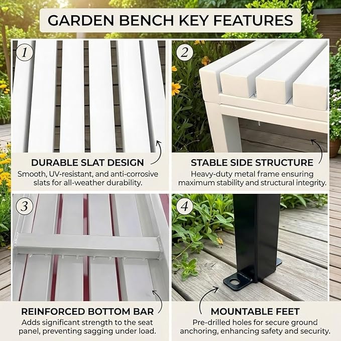 3.3 3.9 4.9 5.9ft Outside Garden Bench, 2 Person Outdoor Metal Patio Backless Bench, Weatherproof Porch Furniture Bench Heavy Duty 880lbs Benches for Park Yard Lawn Front Entrance(White,3.93ft)
