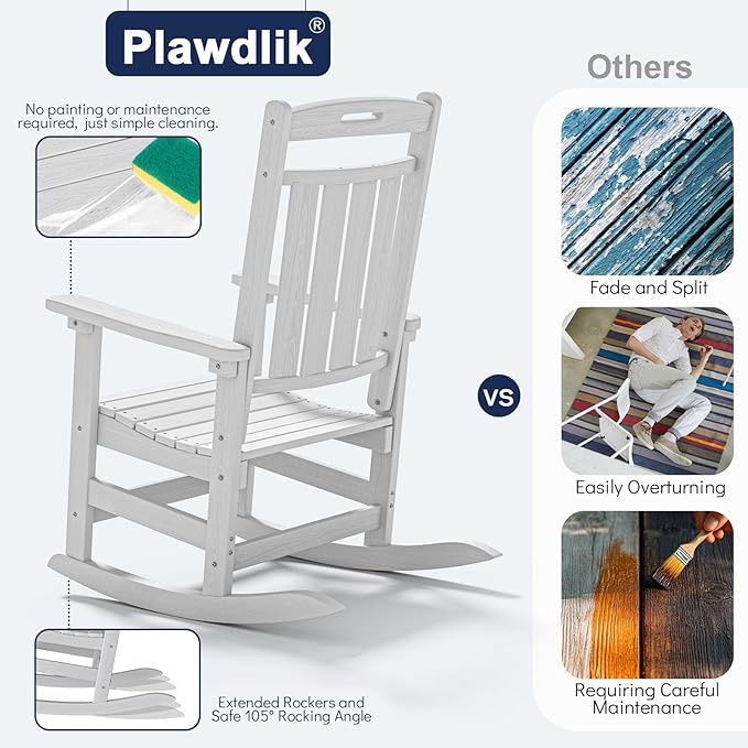 Plawdlik Oversized Outdoor Rocking Chairs 2 Pack - All-Weather HDPE Heavy Duty Patio Rockers with High Back - Modern Style for Porch, Garden - White