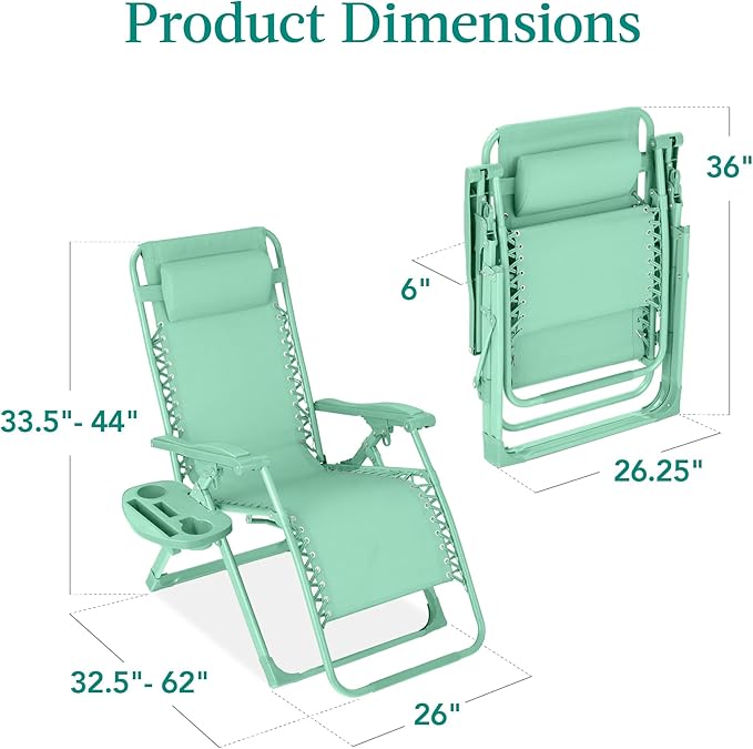 Best Choice Products Adjustable Zero Gravity Chair, Monochromatic Color Folding Patio Recliner w/Side Tray, Headrest - Mint