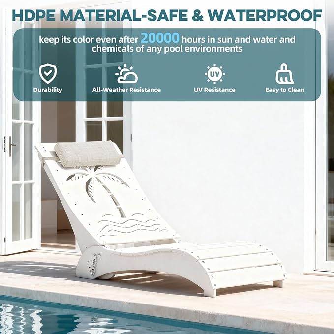 in Pool Lounge Chairs Set of 2, HDPE Pool Chaise Loungers for Sun Shelf up to 9 Inches, Fade-Resistant, 3-Position Adjustable Backrest with Headrest, Ergonomic Poolside Lounger, White