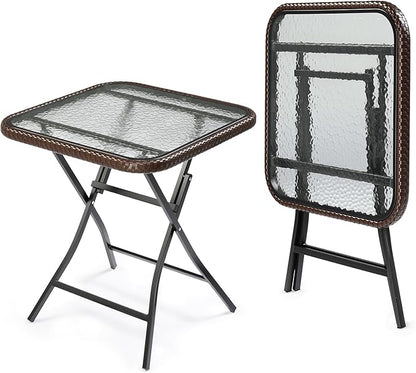 VINGLI 23.6in Modern Brown Rattan Folding Glass Outdoor Side Table, Small Patio Table with Tempered Glass Top,Rectangular,1 Pack