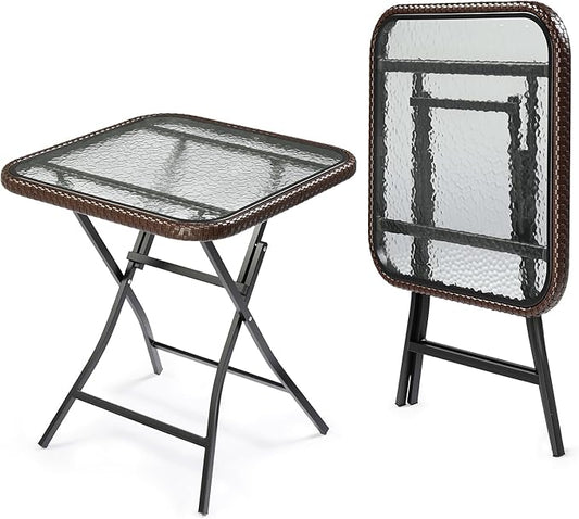 VINGLI 23.6in Modern Brown Rattan Folding Glass Outdoor Side Table, Small Patio Table with Tempered Glass Top,Rectangular,1 Pack