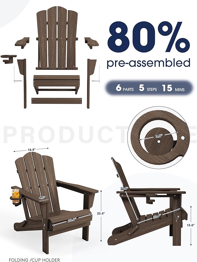 KINGYES Folding Adirondack Chair Set of 6, HDPE All-Weather Patio Chairs with Cup Holder - Photo 6