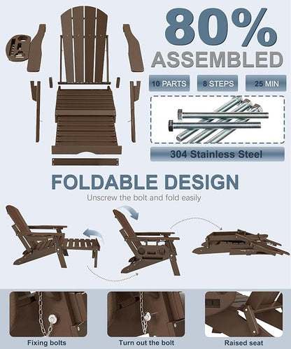 Adjustable Adirondack Chair with Retractable Ottoman Set of 2, HDPE Folding Adirondack Chair with Cup Holder, All Weather Fire Pit Chair for Outdoor,Coffee