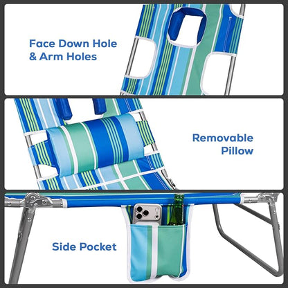 Romswi 2PK Folding Tanning Beach Chair with Face Hole, 5-Position Reclining Sun Lounger, Portable Face Down Tanning Chair with Arm Holes & Side Pocket for Beach, Pool, Patio, Teal and Aqua Stripe