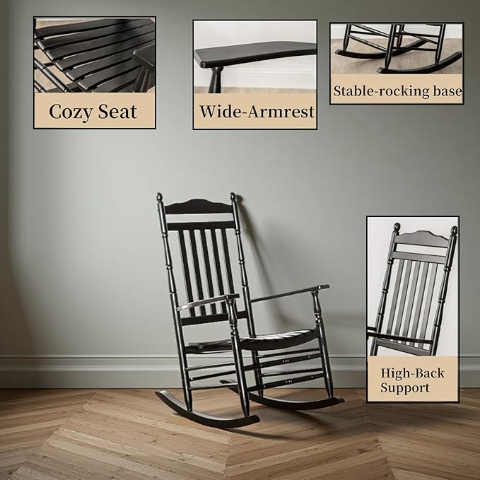 Outdoor Patio Rocking Chairs Set of 2 Porch Wooden Comfy Rockers for Adult Furniture Indoor Outside Camping Balcony Garden Backyard Lawn and Bistro, Black