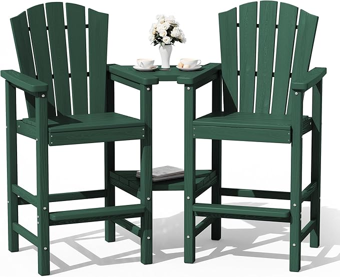 KINGYES Tall Adirondack Chair Set of 2,All Weather HDPE Bar Height Adirondack Chair with Double Connecting Trays, Outdoor Adirondack Barstools, High Airondack Chair, Balcony, Deck, Backyard, Green