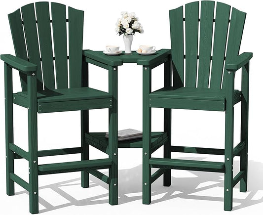 KINGYES Tall Adirondack Chair Set of 2,All Weather HDPE Bar Height Adirondack Chair with Double Connecting Trays, Outdoor Adirondack Barstools, High Airondack Chair, Balcony, Deck, Backyard, Green