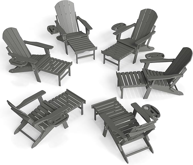 FOOWIN Adirondack Chair with Retractable Ottoman,HDPE Folding Adjustable Adirondack Chair w/4 in 1 Cup Holder Trays,All-Weather Resistant Fire Pit Chair for Outdoor Patio Lawn Set of 6