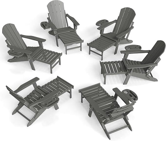 FOOWIN Adirondack Chair with Retractable Ottoman,HDPE Folding Adjustable Adirondack Chair w/4 in 1 Cup Holder Trays,All-Weather Resistant Fire Pit Chair for Outdoor Patio Lawn Set of 6