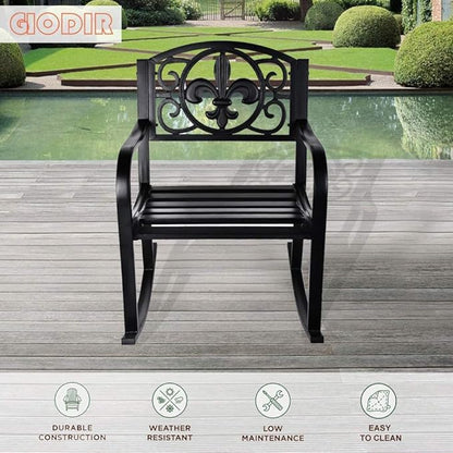 Outdoor Patio Rocking Chair, Metal Rocking seat for for Deck, Backyard or Garden w/Scroll Design (Black)