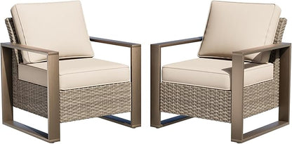 Patio Metal Wicker Chairs Set of 2, All Weather Outdoor Rattan Dining Chairs with Rectangular Framed Wood-Looking Metal Armrest & Fade-Resistant Cushions for Deck Balcony Backyard, Beige