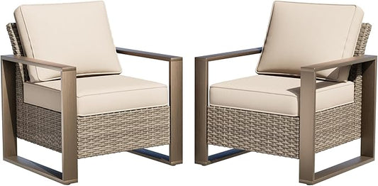 Patio Metal Wicker Chairs Set of 2, All Weather Outdoor Rattan Dining Chairs with Rectangular Framed Wood-Looking Metal Armrest & Fade-Resistant Cushions for Deck Balcony Backyard, Beige
