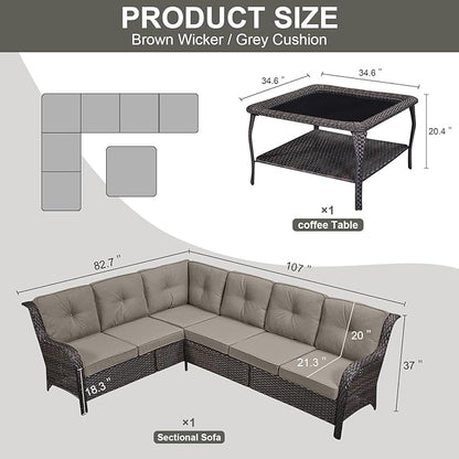 Belord Patio Furniture Set 6 Seats, Oversized Outdoor Sectional Couch, Two 3-Seater Sofas with Coffee Table, Patio Conversation Sets,Ideal for Porch, Deck, Brown Wicker/Gray