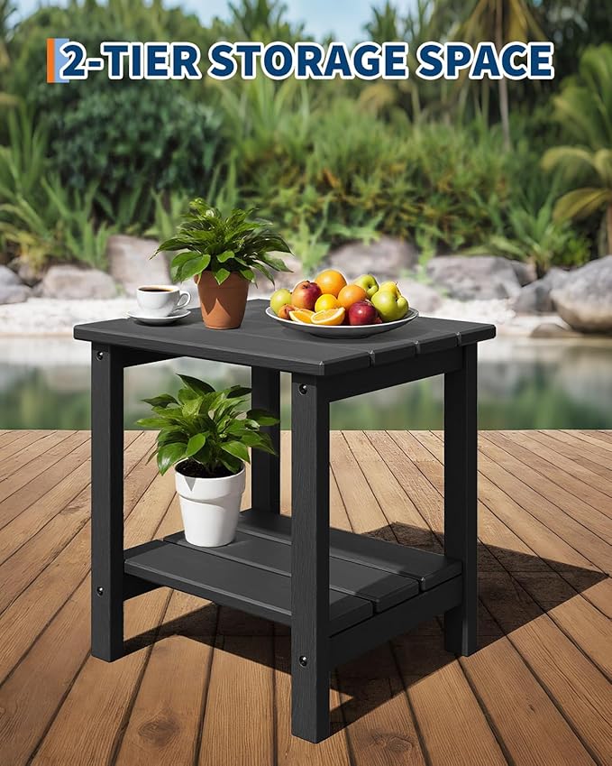 Modern HDPE Plastic Adirondack Chair Set of 2 with Side Table - Oversize 380 LB Poly Lumber Weather Resistant Firepit Chair - Outdoor Patio Chairs with Wooden Textured for Deck, Pool, Porch - Black
