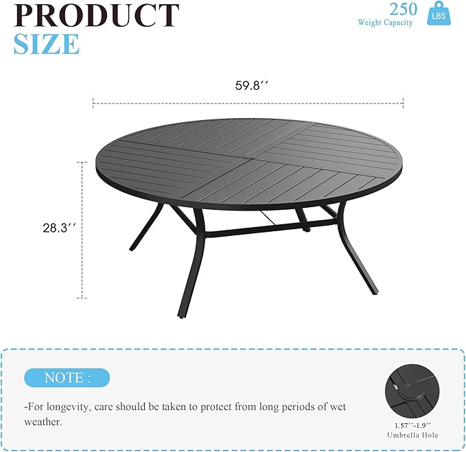 VICLLAX 60" Round Patio Table with Umbrella Hole, All Weather Metal Outdoor Dining Table for 8 - Photo 5