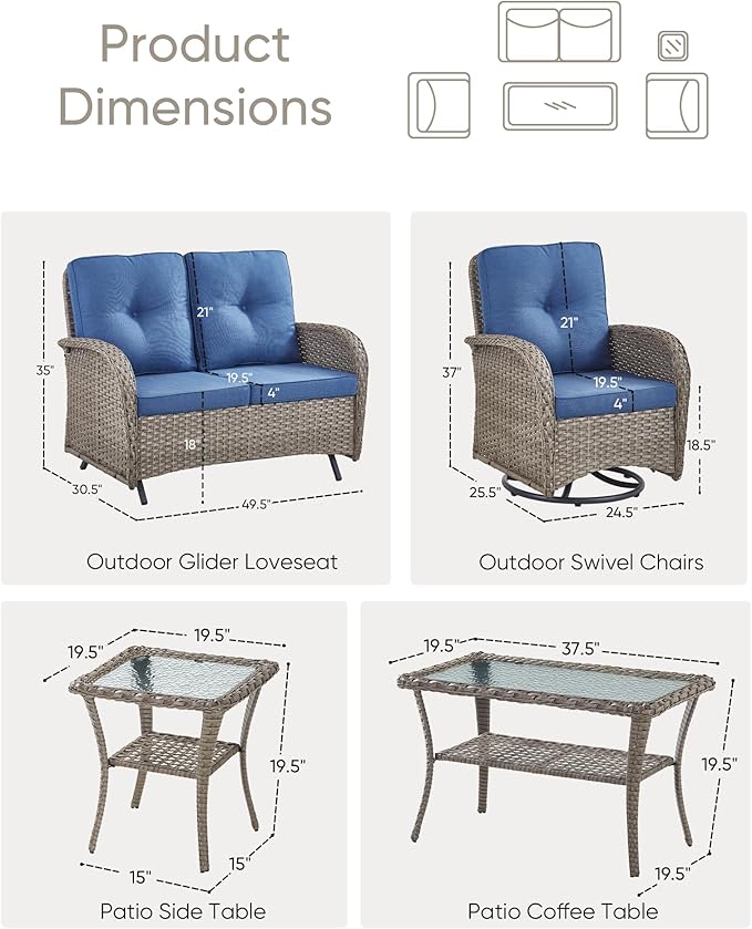 5 Pieces Patio Furniture Set-Outdoor Rocking Chairs Set of 2 Outdoor Glider Bench with Wicker Outdoor Coffee Table for - Photo 6