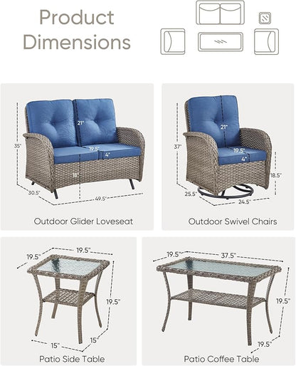 5 Pieces Patio Furniture Set-Outdoor Rocking Chairs Set of 2 Outdoor Glider Bench with Wicker Outdoor Coffee Table for Deck Lawn Porch Balcony Poolside-Grey/Blue