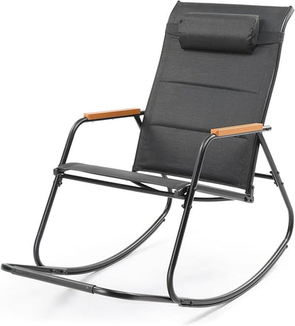 VINGLI Outdoor Rocking Chair, 450lbs Capacity Portable Outdoor Rocker with Footrest, Hard Armrests, Pillow, All Weather Porch Rocker for Garden, Living Room, Patio, Lawn (Black, with footrest)