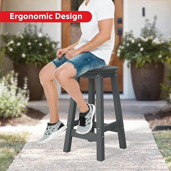 Costaelm 24" Height Outdoor Bar Stools, All-Weather Bar Stools, Adirondack Poly Patio Round Bar Stool for Patio, Deck, Kitchen Counter and Garden, Gray