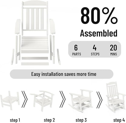 Outdoor Rocking Chairs Set of 6, Oversized High Back Patio Rocking Chairs, All Weather Porch Rocking Chairs for Outside. White