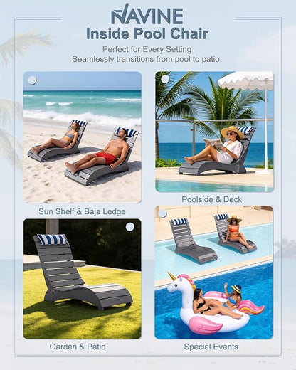 Pool Lounge Chairs, HDPE Adjustable Chaise Chairs with Headrest, Weighted Fade-Resistant Pool Chairs and Lounger for Baja Ledge，Poolside and Deck, Grey