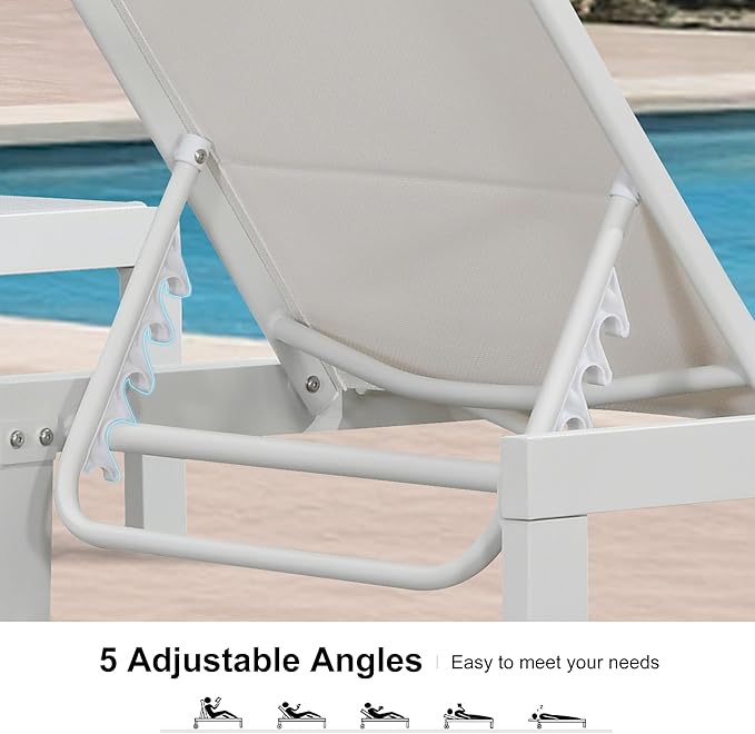 PURPLE LEAF Outdoor Chaise Lounge Set Elderly-Friendly Straight Legs Adjustable Sunbathing Recliner with Side Table for Back Support Poolside Beach Patio Lounge Chairs Cream