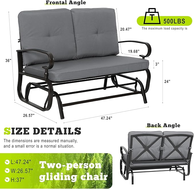 SUNCROWN Outdoor Swing Glider Chair, Patio 2 Seats Loveseat Rocking Chair with Cushions - Photo 2