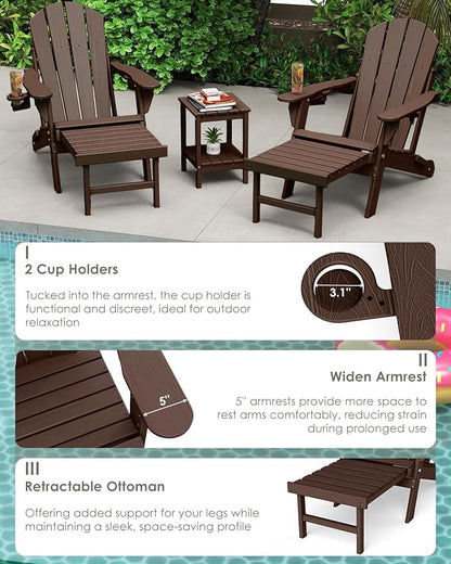 GREENVINES Adjustable Adirondack Chair with Retractable Ottoman Set of 4 | Folding | 2 Cup Holders | Wood Grain HDPE Plastic | Fire Pit Chairs w/Foot Rest | Dark Brown | for Outdoor Patio Poolside