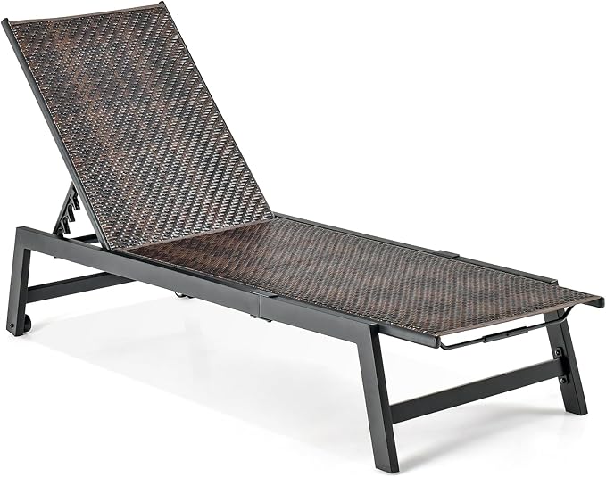 Giantex Patio Chaise Lounge Chair - Outdoor PE Rattan Recliner Chair with Wheels, 5-Position Adjustable Backrest, Steel Frame, Wicker Tanning Chair for Deck, Poolside, Yard, Beach Sunbathing Chair(1)