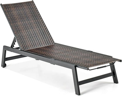 Giantex Patio Chaise Lounge Chair - Outdoor PE Rattan Recliner Chair with Wheels, 5-Position Adjustable Backrest, Steel Frame, Wicker Tanning Chair for Deck, Poolside, Yard, Beach Sunbathing Chair(1)