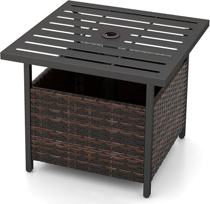 Giantex Outdoor Side Table with Umbrella Hole, 22" Wicker Umbrella Stand Holder and Base, Weather-Resistant PE Rattan Patio End Table for Deck Garden Poolside (Metal Tabletop, Brown)