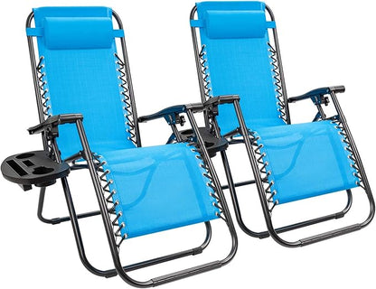 Kemon Zero Gravity Folding Lounge Outdoor Patio Adjustable Reclining Chair with Pillows and Cup Holders for Beach Set of 2, Blue, KM-CLB