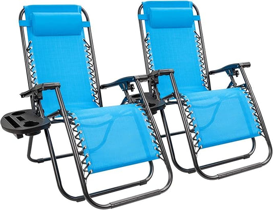 Kemon Zero Gravity Folding Lounge Outdoor Patio Adjustable Reclining Chair with Pillows and Cup Holders for Beach Set of 2, Blue, KM-CLB