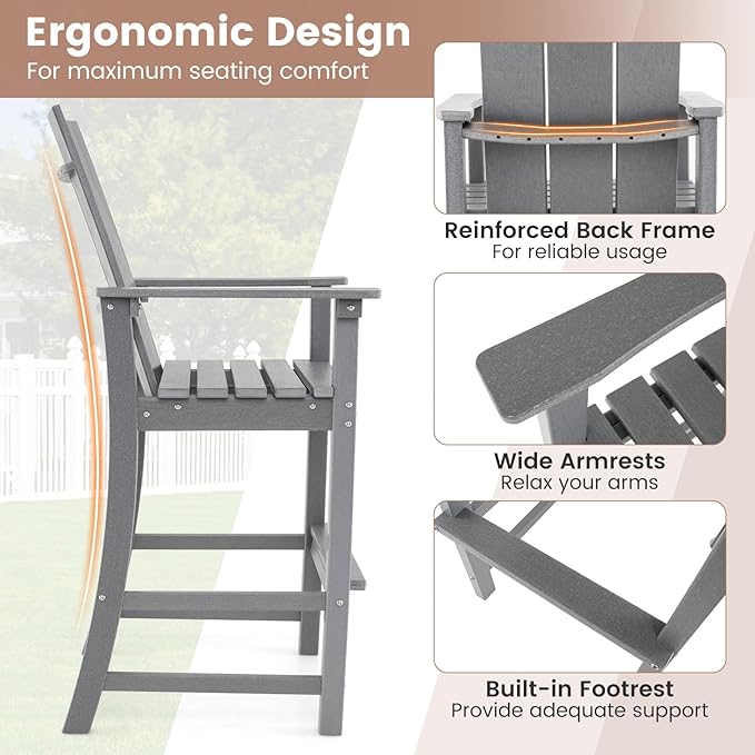 Giantex 52” Tall Adirondack Chair Set of 4, HDPE Outdoor Bar Stool with Ergonomic Backrest, Armrests, Footrest, Fire Pit Chair, All Weather Patio Bistro Chair for Yard, Garden, Lawn (Grey)