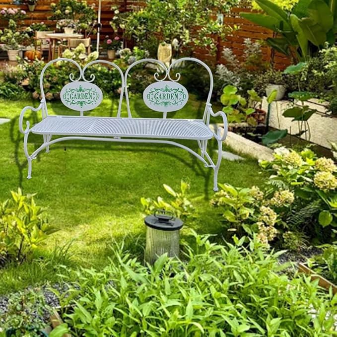 Small Metal Garden Bench, Patio Bench with Armrest, Park Yard Outdoor Furniture for Lawn Yard Porch Work Entryway(White)
