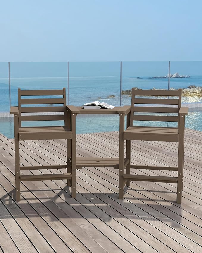 Tall HDPE Adirondack Bar Chairs Set of 2, Outdoor Balcony Bar-Height Chairs with Extra-Large Side Trays & 2" Umbrella Hole, All-Weather Patio Stools for Porch, Deck, Garden (Brown, 2chair)