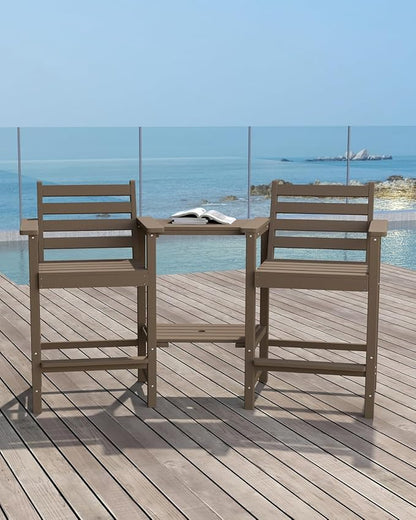 Tall HDPE Adirondack Bar Chairs Set of 2, Outdoor Balcony Bar-Height Chairs with Extra-Large Side Trays & 2" Umbrella Hole, All-Weather Patio Stools for Porch, Deck, Garden (Brown, 2chair)