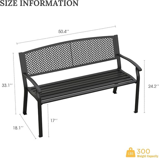 VICLLAX 50” Outdoor Garden Bench with Armrests and Backrest, Waterproof Patio Metal Bench for Park, Porch, Backyard, Round Pattern Back